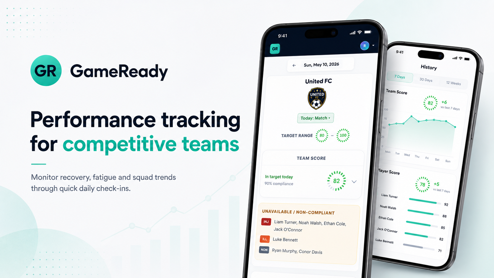 GameReady - Performance tracking for competitive teams. Monitor recovery, fatigue and squad trends through quick daily check-ins.