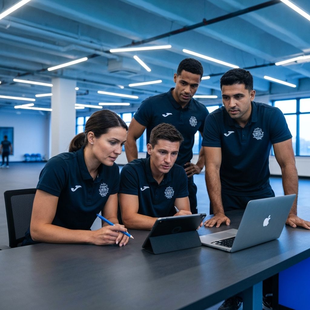 Coaching team analyzing athlete performance data