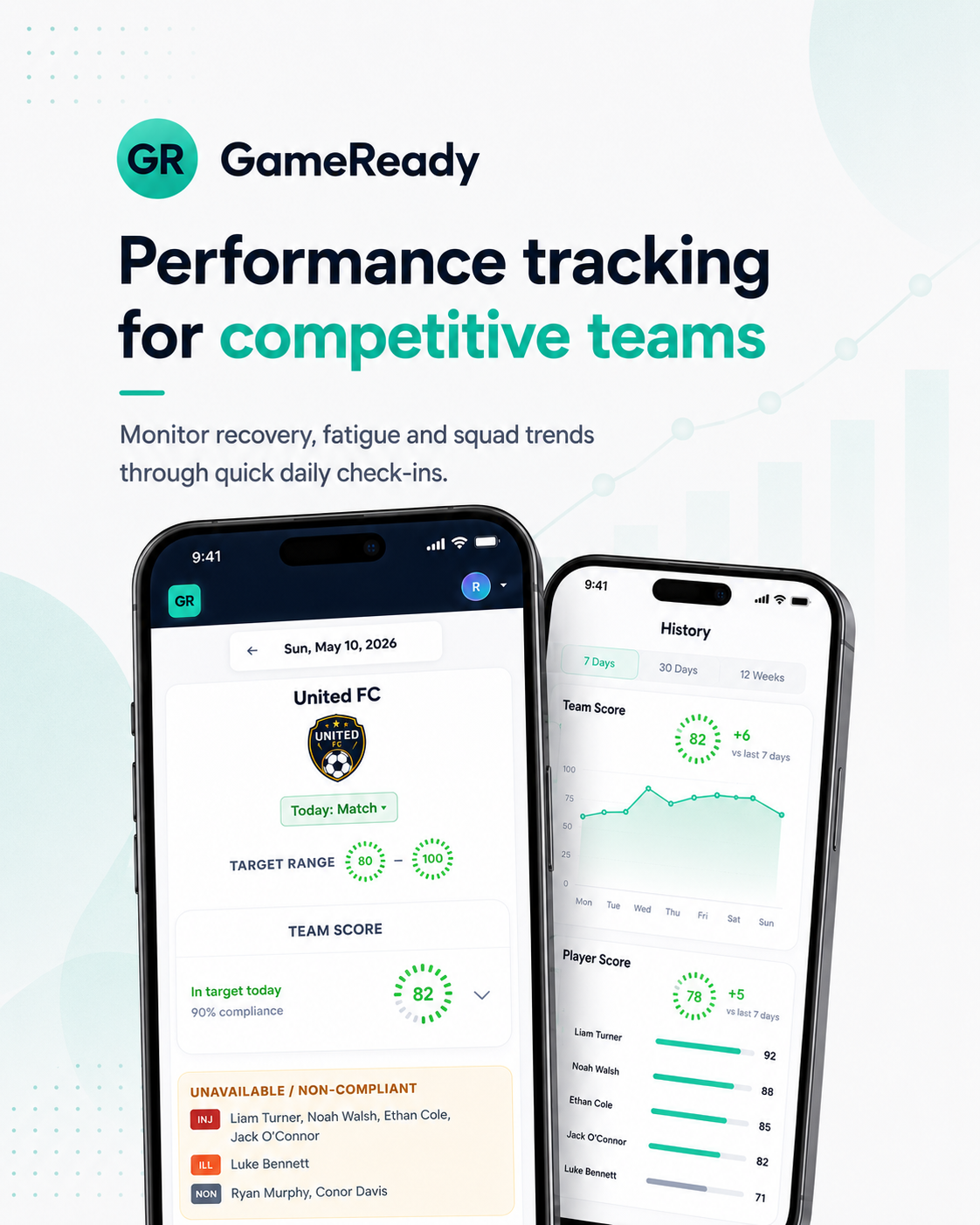 GameReady - Performance tracking for competitive teams. Monitor recovery, fatigue and squad trends through quick daily check-ins.
